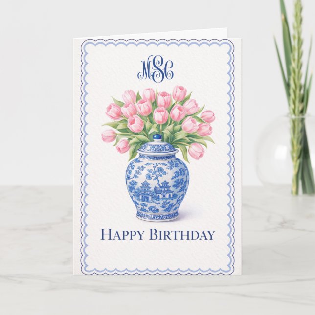 Grandmillennial Blue Ginger Jar Pink Tulips Card (Front)