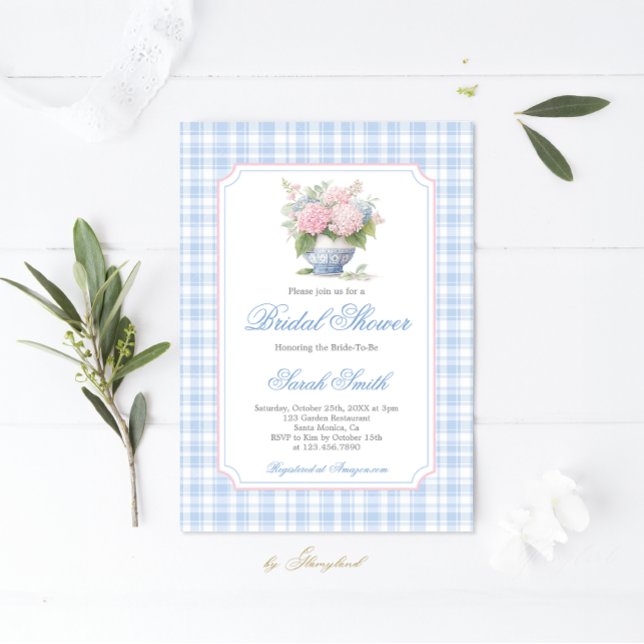 Grandmillennial Blue Gingham Bridal Shower  Invitation (Creator Uploaded)