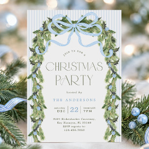 Grandmillennial Blue Stripe Wreath Christmas Party Invitation