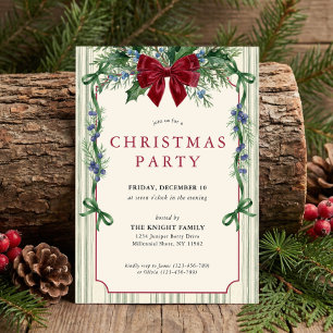 Grandmillennial Botanical Red Bow Christmas Party Invitation