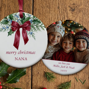 Grandmillennial Botanical Red Bow Christmas Photo Ceramic Tree Decoration