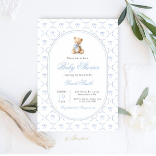 Grandmillennial Bow Baby Shower Boy Invitation