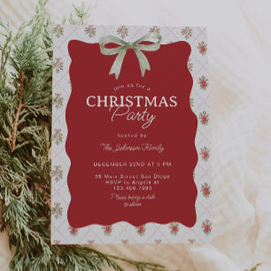 Grandmillennial Bow Wavy Frame Christmas Party Invitation