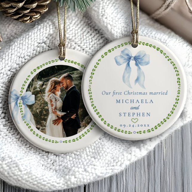 Grandmillennial Bows First Christmas Married Photo Ceramic Tree Decoration (Creator Uploaded)