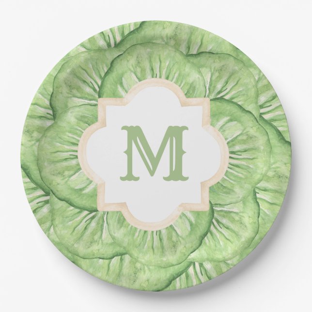 Grandmillennial Cabbage Leaf Monogram Paper  Paper Plate (Front)