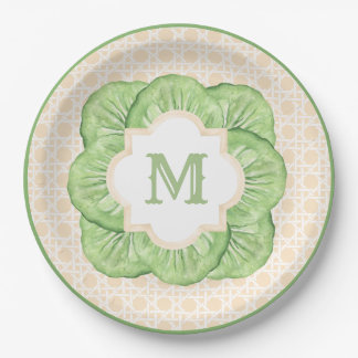 Grandmillennial Cabbage Leaf Monogram | Rattan Paper Plate