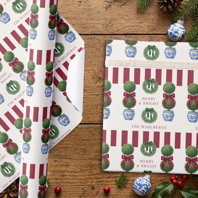 Grandmillennial Chinoiserie Topiary Red Bow Stripe Wrapping Paper (Gift Wrapping Paper from Grandmillenial Topiary Chinoiserie Christmas Collection by Darling & May)