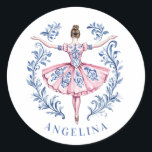Grandmillennial Christmas Damask Ballerina Classic Round Sticker<br><div class="desc">This Christmas sticker has a ballerina with a pink and blue damask dress. You can personalise with a name.</div>