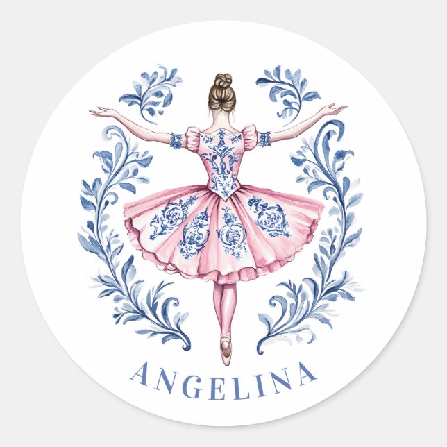 Grandmillennial Christmas Damask Ballerina Classic Round Sticker (Front)