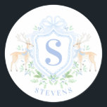 Grandmillennial Christmas Deer Crest Monogram  Classic Round Sticker<br><div class="desc">This Christmas sticker has a reindeer crest with a blue monogram initial. You can personalise with  your initial.</div>