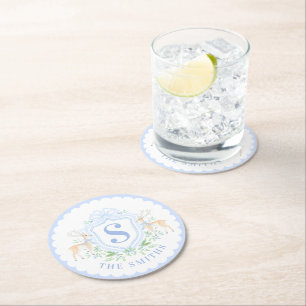 Grandmillennial Christmas Deer Crest Monogram Round Paper Coaster