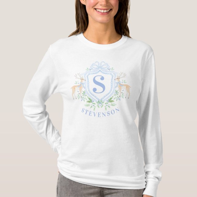 Grandmillennial Christmas Deer Crest Monogram  T-Shirt (Front)
