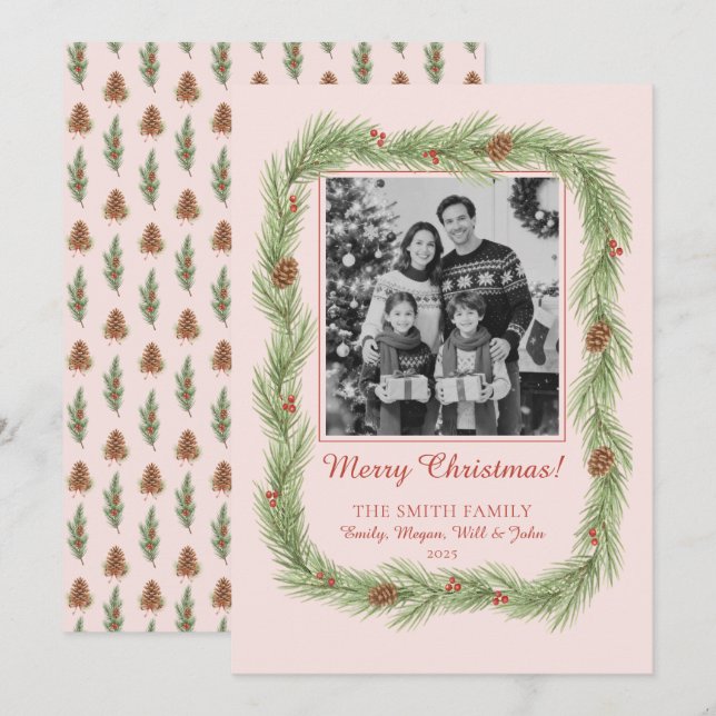 Grandmillennial Christmas Garland & Pinecone Photo Holiday Card (Front/Back)