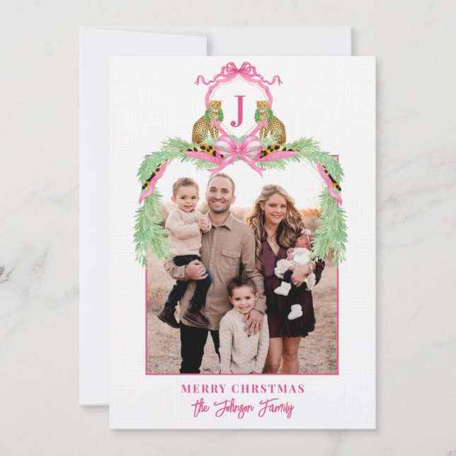 Grandmillennial Christmas Leopard Monogram Photo Invitation (Front)