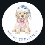 Grandmillennial Christmas Puppy Classic Round Sticker<br><div class="desc">This Christmas sticker has a Christmas puppy wearing a Chinoiserie Santa hat. You can personalise with your message.</div>