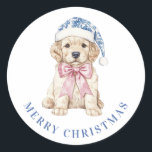 Grandmillennial Christmas Puppy Classic Round Sticker<br><div class="desc">This Christmas sticker has a Christmas puppy wearing a Chinoiserie Santa hat. You can personalise with your message.</div>