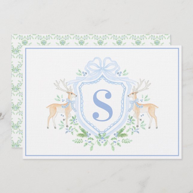 Grandmillennial Christmas Reindeer Crest Monogram  Invitation (Front/Back)