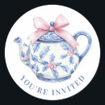 Grandmillennial Christmas Tea Pot Classic Round Sticker<br><div class="desc">This Christmas sticker has a Christmas tea pot with a pink bow. You can personalise with your message.</div>