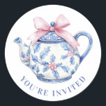 Grandmillennial Christmas Tea Pot Classic Round Sticker<br><div class="desc">This Christmas sticker has a Christmas tea pot with a pink bow. You can personalise with your message.</div>