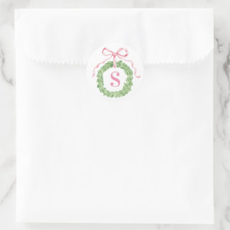 Grandmillennial Christmas Wreath Monogram Classic Round Sticker