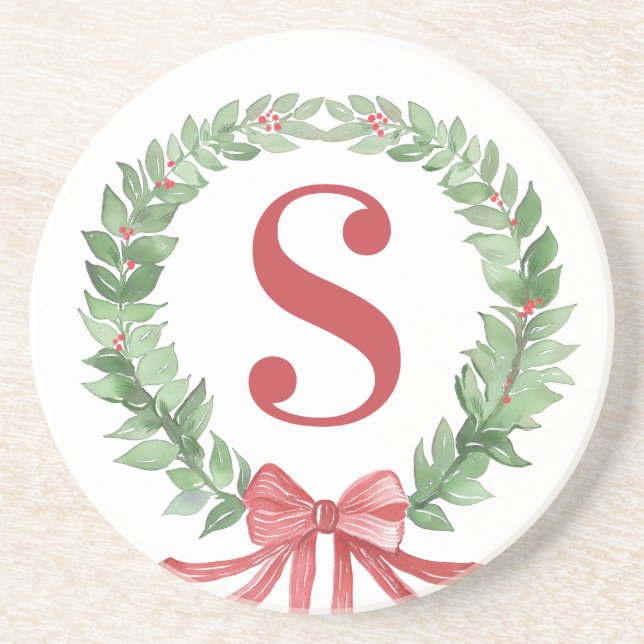 Grandmillennial Christmas Wreath Monogram  Coaster (Front)