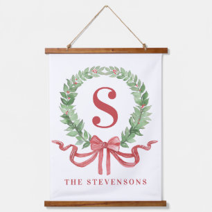 Grandmillennial Christmas Wreath Monogram  Hanging Tapestry