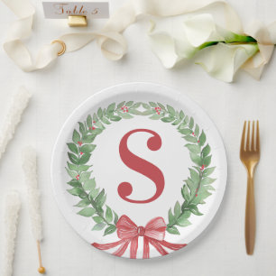 Grandmillennial Christmas Wreath Monogram  Paper Plate