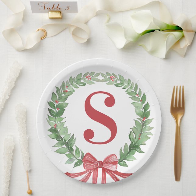 Grandmillennial Christmas Wreath Monogram  Paper Plate (Wedding)