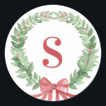 Grandmillennial Christmas Wreath Monogram Photo Classic Round Sticker<br><div class="desc">This Christmas sticker has a wreath with a red monogram initial. You can personalise with  your initial.</div>