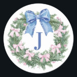 Grandmillennial Christmas Wreath Mpnogram Classic Round Sticker<br><div class="desc">This Christmas sticker has a Christmas wreath with a pink and blue bows. You can personalise with your initial and a name.</div>
