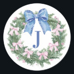 Grandmillennial Christmas Wreath Mpnogram Classic Round Sticker<br><div class="desc">This Christmas sticker has a Christmas wreath with a pink and blue bows. You can personalise with your initial and a name.</div>
