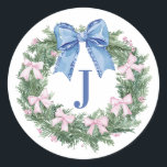 Grandmillennial Christmas Wreath Mpnogram Classic Round Sticker<br><div class="desc">This Christmas sticker has a Christmas wreath with a pink and blue bows. You can personalise with your initial and a name.</div>