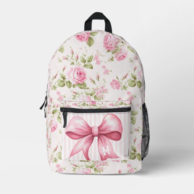 Grandmillennial Cottage Rose Pink Bow | Monogram Printed Backpack (Front)
