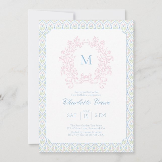 Grandmillennial Crest Birthday Invitation (Front)