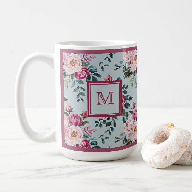 Grandmillennial Dusty Rose Floral Custom Monogram Coffee Mug (With Donut)