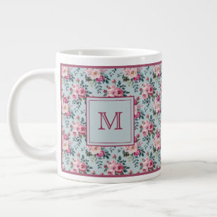 Grandmillennial Dusty Rose Floral Custom Monogram Large Coffee Mug