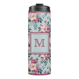 Grandmillennial Dusty Rose Floral Custom Monogram Thermal Tumbler