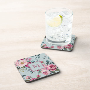 Grandmillennial Dusty Rose Floral Custon Monogram Coaster