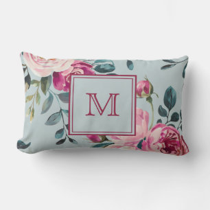 Grandmillennial Dusty Rose Floral Custon Monogram Lumbar Cushion