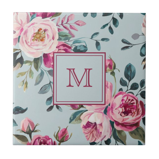 Grandmillennial Dusty Rose Floral Custon Monogram Tile (Front)