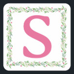 Grandmillennial Evergreen Swag | Monogram Square Sticker<br><div class="desc">This Christmas sticker has a whimsical design featuring an evergreen holiday frame that surround your initial.</div>