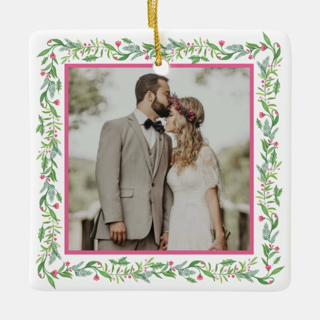 Grandmillennial Evergreen Swag | Photo Ceramic Ornament (Front)