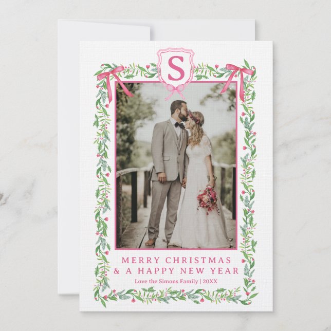Grandmillennial Evergreen Swag with Bows | Photo Invitation (Front)
