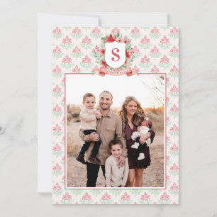 Grandmillennial Floral Crest   Christmas Monogram Holiday Card
