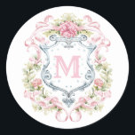 Grandmillennial Floral Crest Monogram | Bridal  Classic Round Sticker<br><div class="desc">The elegant watercolor monogram crest gives these bridal shower sticker a beautiful and timeless look that any bride-to-be will love.  Personalise this sticker with your initial in the crest.

Colours include,  light blue,  pink and grey.</div>