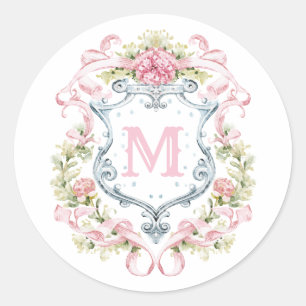 Grandmillennial Floral Crest Monogram   Bridal  Classic Round Sticker