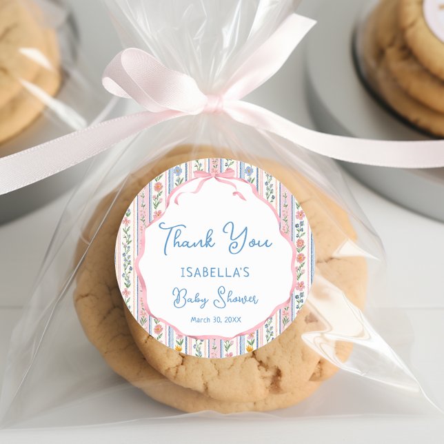 Grandmillennial Floral Girl Baby Shower Thank you Classic Round Sticker (Creator Uploaded)