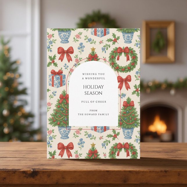 Grandmillennial Floral Pine Trees Bow Holiday Card (Creator Uploaded)