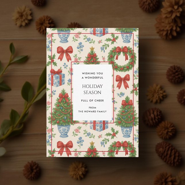Grandmillennial Floral Pine Trees Bow Holiday Card (Creator Uploaded)