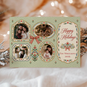 Grandmillennial Gingham Folk Art 4 Photos Christma Holiday Card